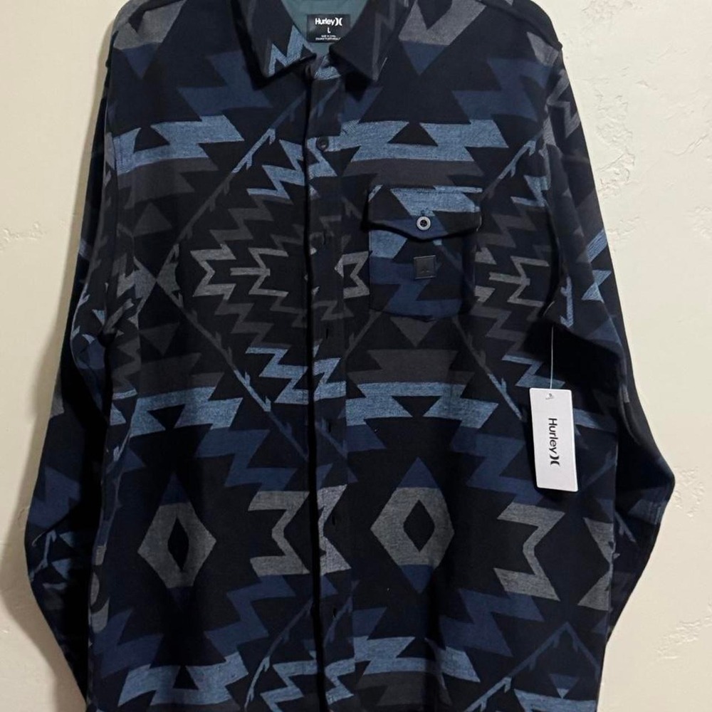 Hurley Mens Aztec Print Flannel Shacket Navy Blue Southwest Shirt Jacket L